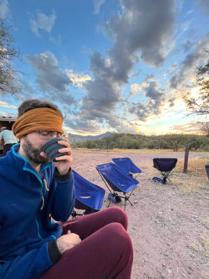 me enjoying coffee in the arizona desert